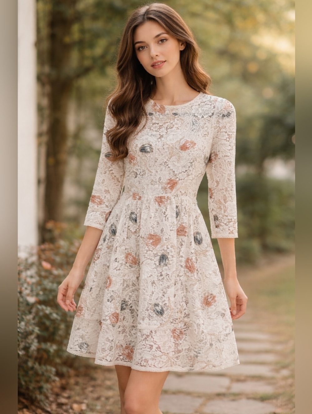 Lily Brown White Floral Lace A-Line Dress with Rust Accents One Size Fits Most